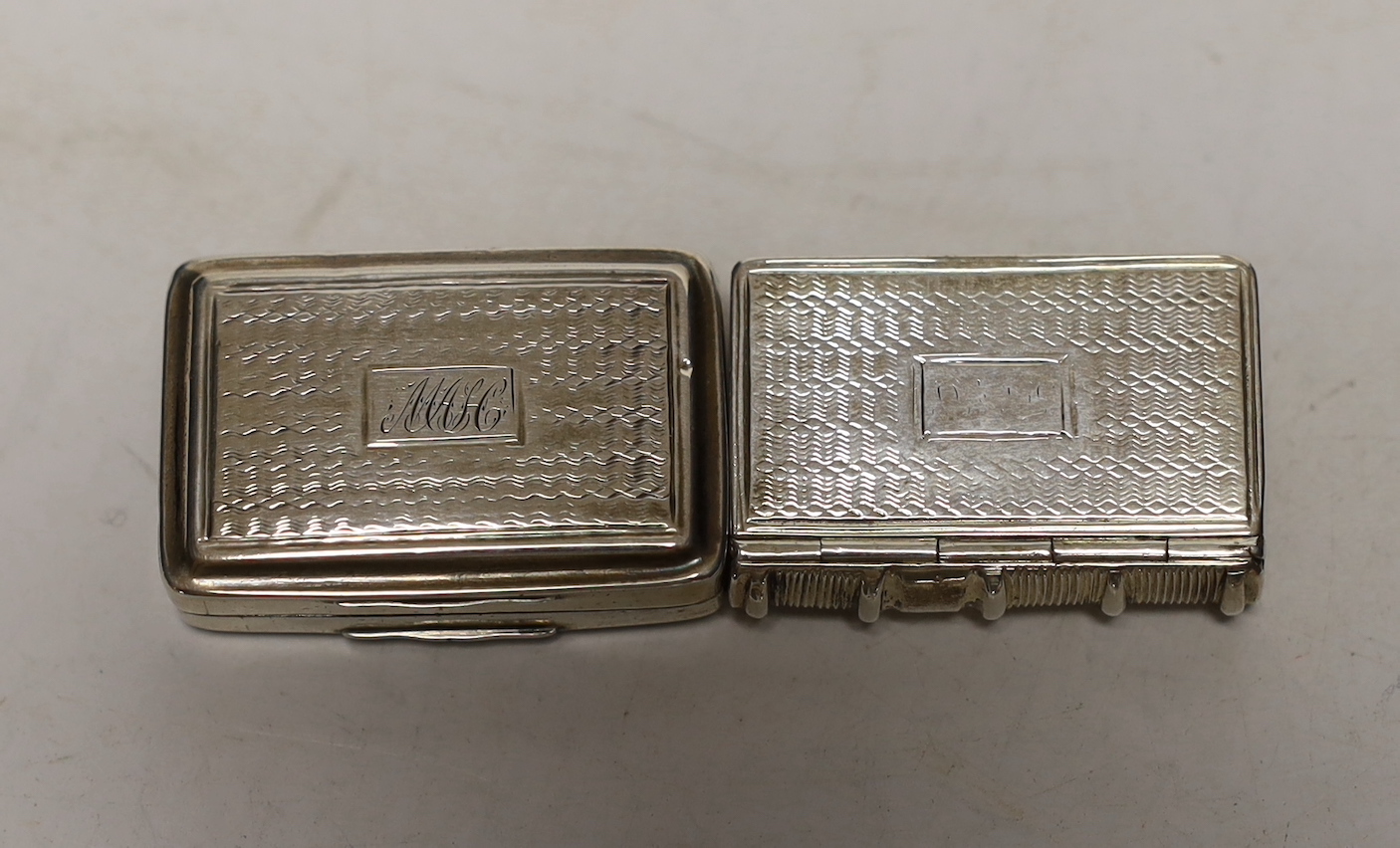 A George IV silver vinaigrette, modelled as a book, Taylor & Perry, Birmingham, circa 1825, 33mm and one other George III silver vinaigrette, Simpson & Son, Birmingham, 1819.